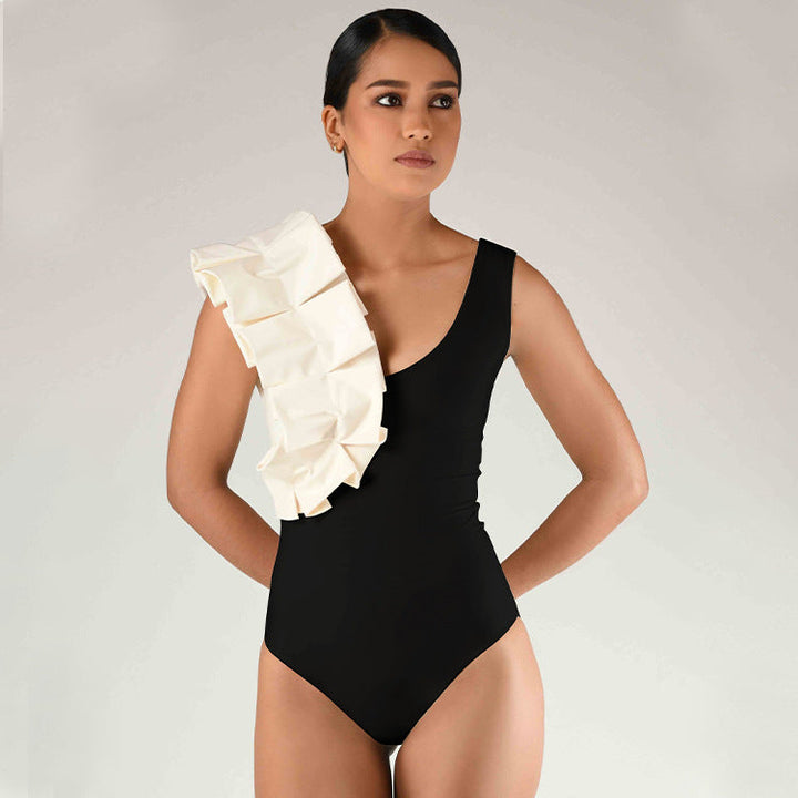 one-shoulder ruffle swimsuit with polka dot draped sarong – REMA