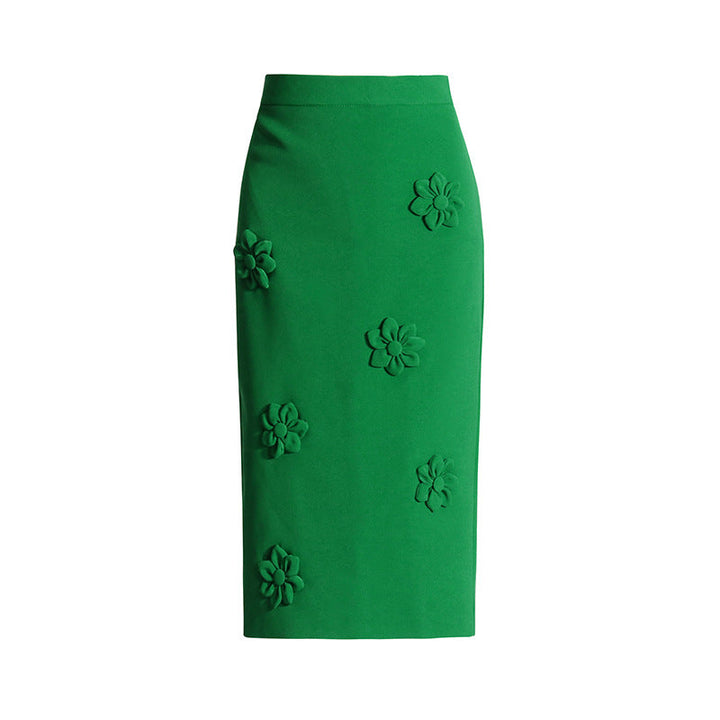 high-waist pencil skirt with 3D floral appliqué – EMERALD
