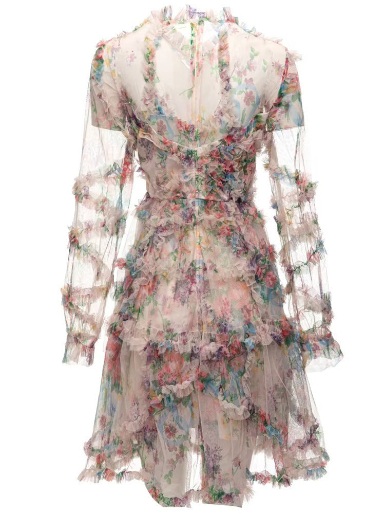 floral ruffle mini dress with sheer long sleeves – WHISPER