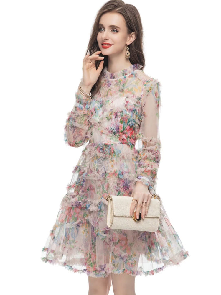 floral ruffle mini dress with sheer long sleeves – WHISPER