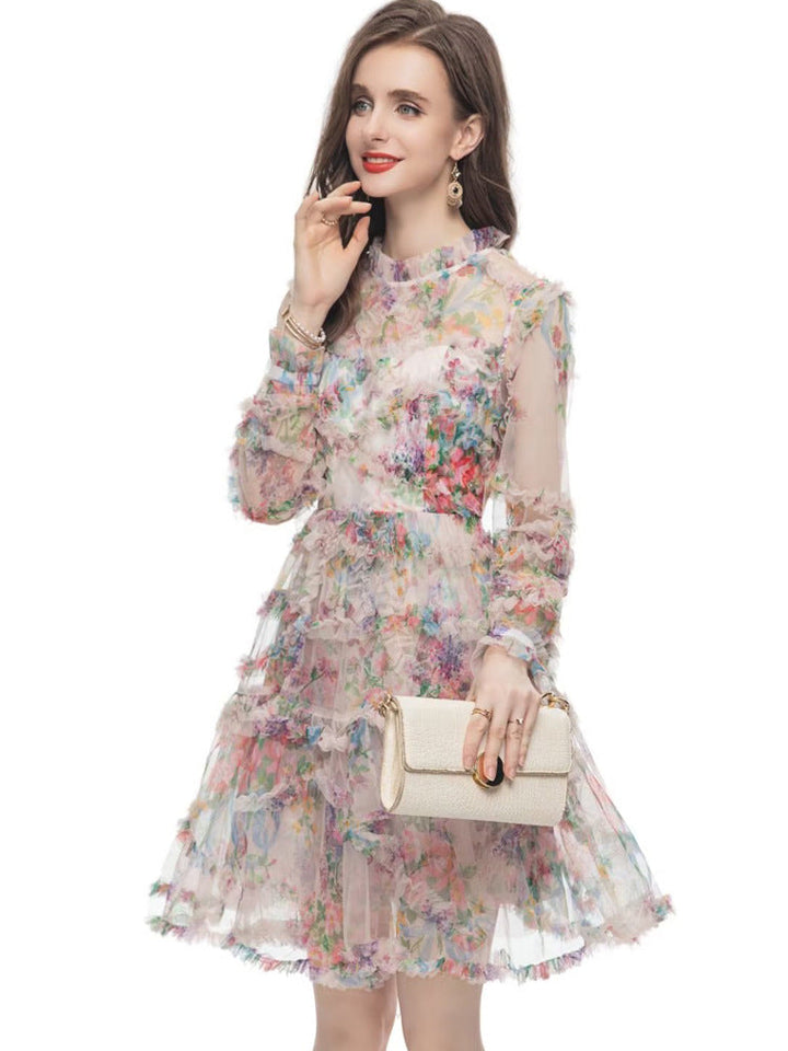 floral ruffle mini dress with sheer long sleeves – WHISPER
