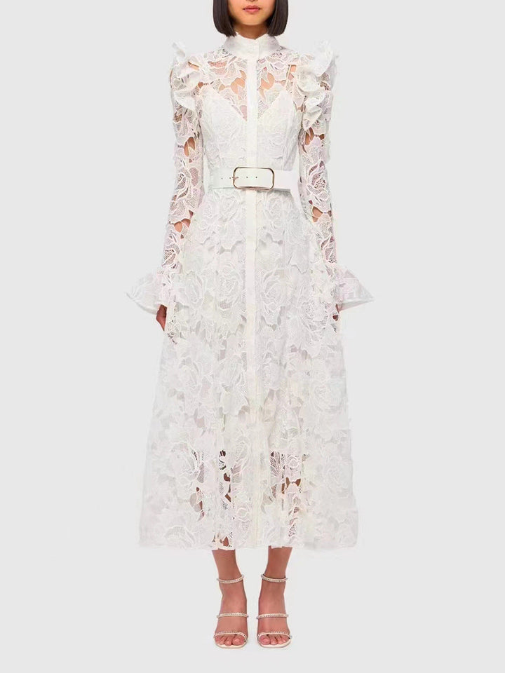 ODD- long-sleeve lace midi dress with belt – Tesoro