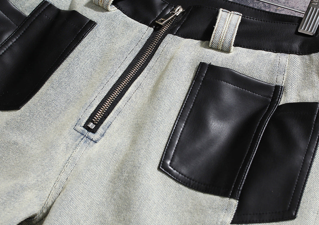two-tone wide-leg denim pants with faux leather panels – NOIR