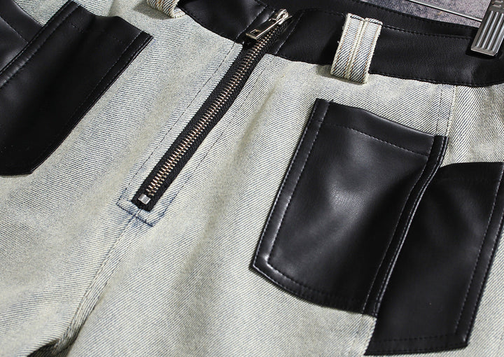 two-tone wide-leg denim pants with faux leather panels – NOIR