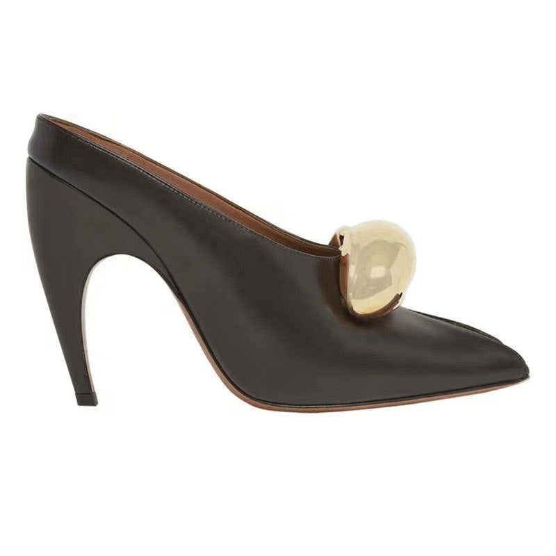 black leather mules with gold oval detail - LOMA