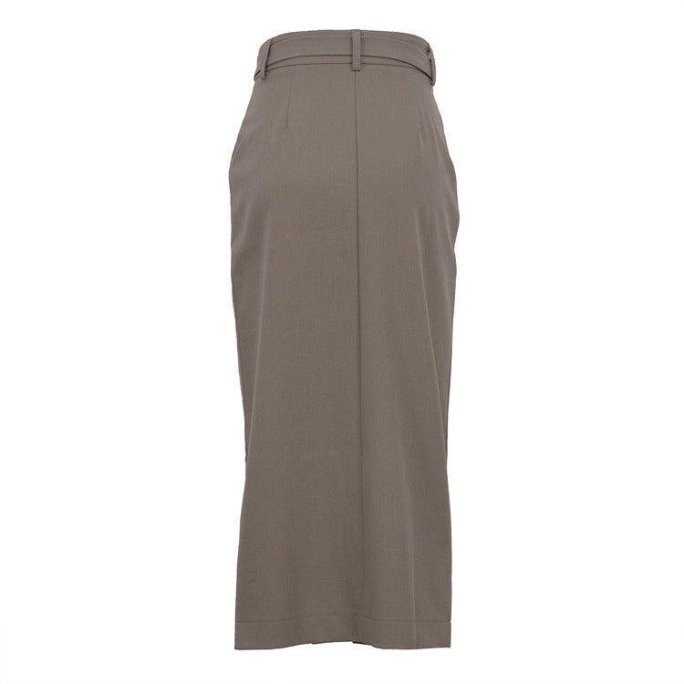 Taupe Belted Midi Pencil Skirt with Front Slit – AVERA