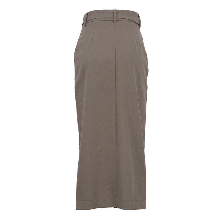 Taupe Belted Midi Pencil Skirt with Front Slit – AVERA