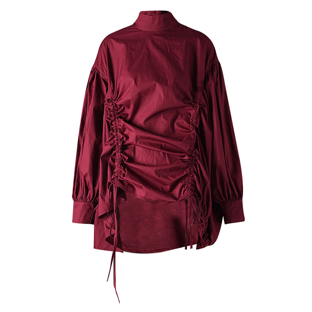 long sleeve ruched high-neck blouse with drawstring detail – RUBINA