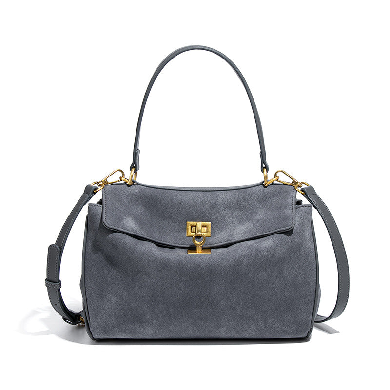 Slate Suede Shoulder Bag with Gold Lock – VÉRONA