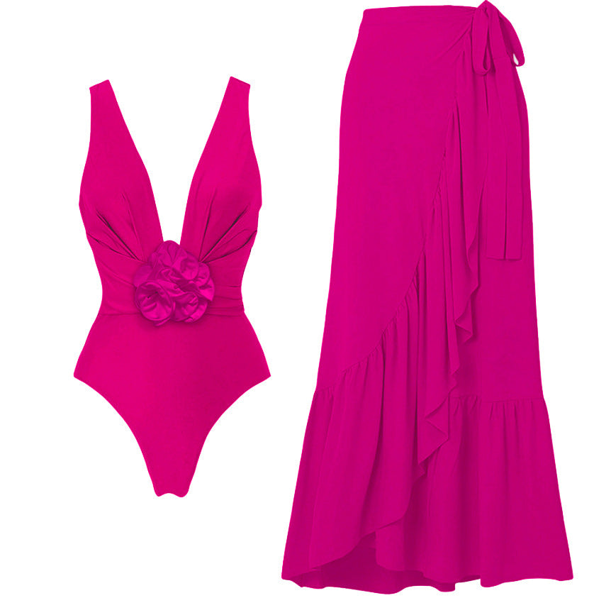 floral plunge one-piece with ruffle wrap skirt – FUCHSIA