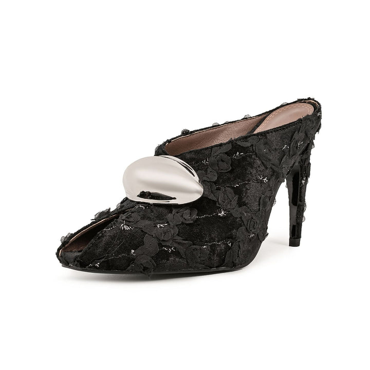 floral lace pointed mule heels with gold accent – VERDIA