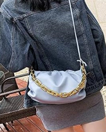 gathered leather clutch with gold chain – NOLIVRA