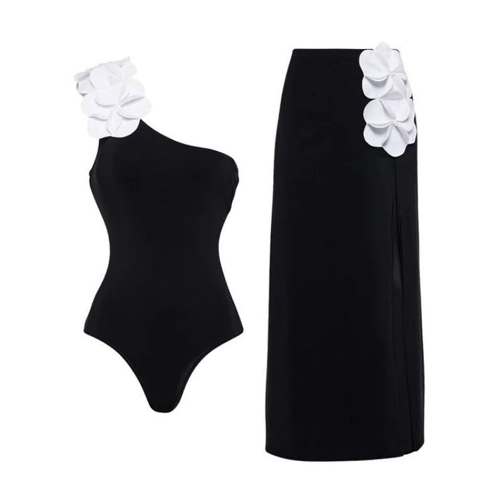 one-shoulder floral appliqué one-piece with midi skirt – BLOOM