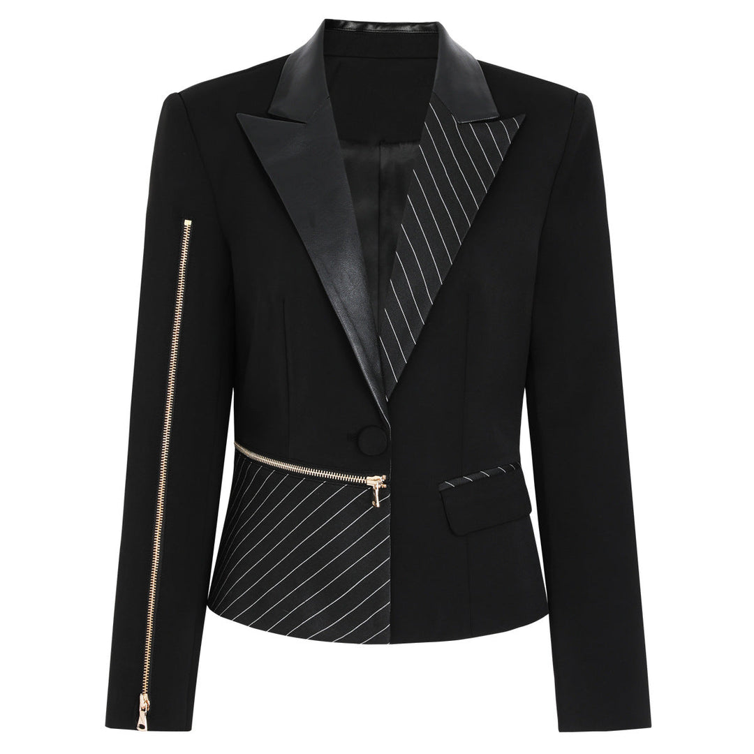 Asymmetric pinstripe blazer with leather lapel and zip detail – NOX