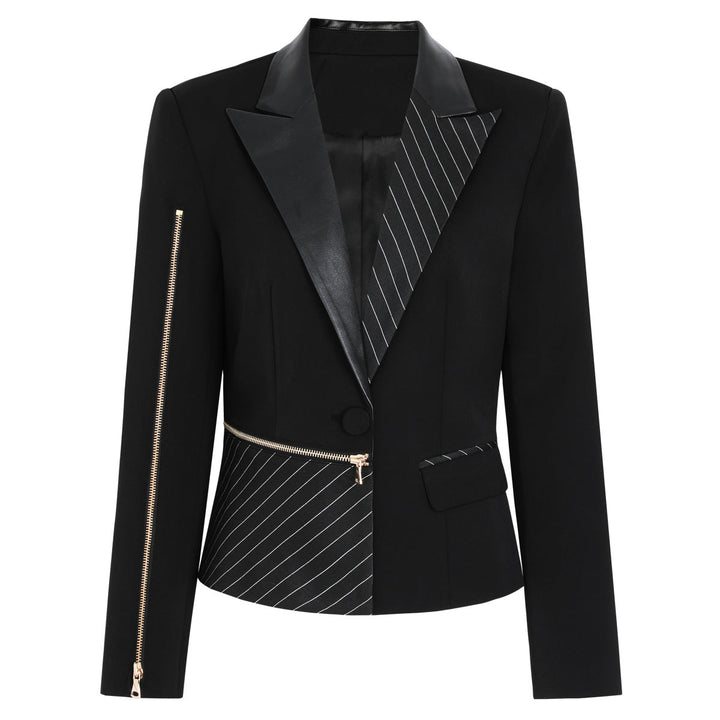 Asymmetric pinstripe blazer with leather lapel and zip detail – NOX
