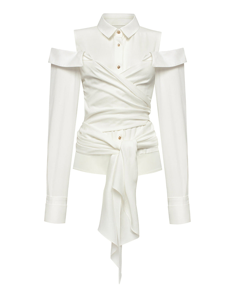 Off-Shoulder Buttoned Shirt with Waist Tie - ODD- Burti