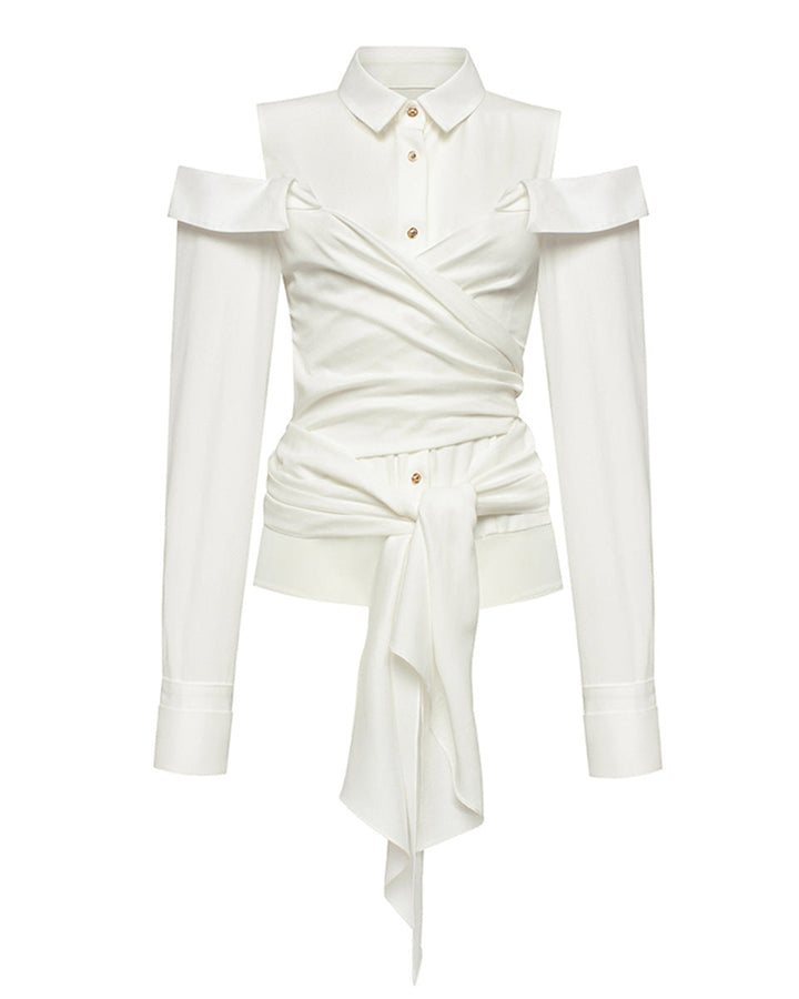 Off-Shoulder Buttoned Shirt with Waist Tie - ODD- Burti
