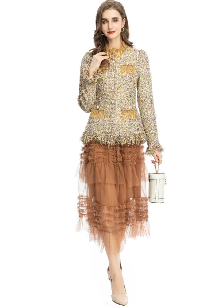 textured tweed suit with tulle midi skirt - AMIQTA