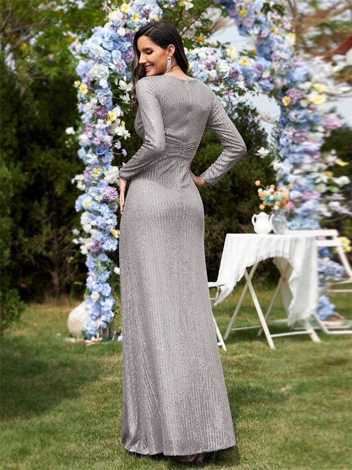 long-sleeve sequin wrap gown with draped detail – SERENA
