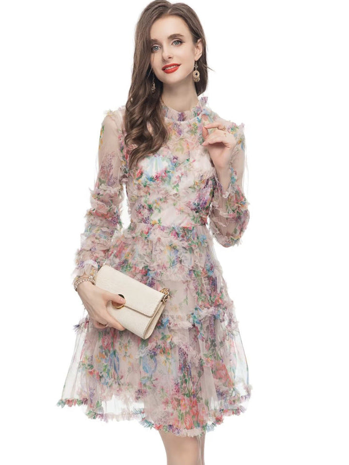 floral ruffle mini dress with sheer long sleeves – WHISPER