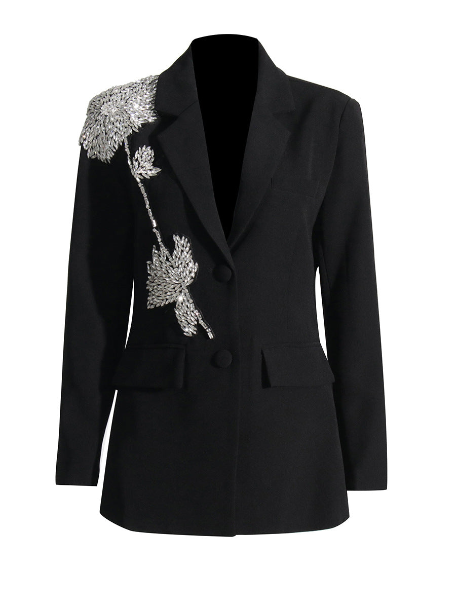 tailored black blazer with crystal leaf embellishment – NOIRIS