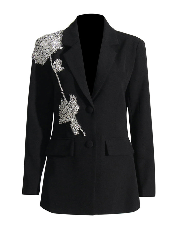 tailored black blazer with crystal leaf embellishment – NOIRIS