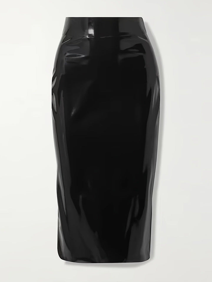 Black Glossy High-Waist Pencil Skirt – LUXORA