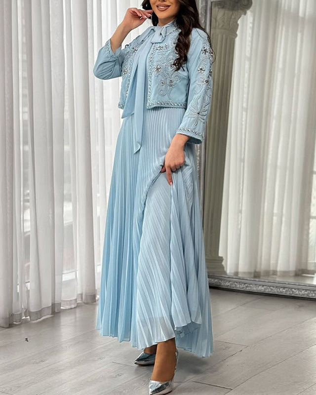 embellished cropped jacket with pleated maxi dress – CELESTE