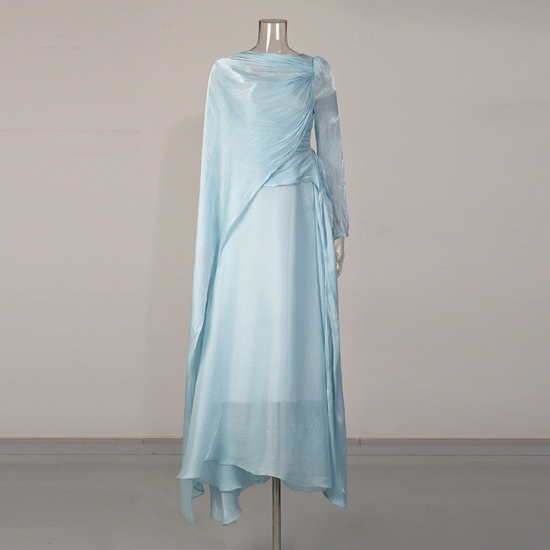 one-shoulder draped chiffon maxi dress with flowing cape detail – BAHGAT
