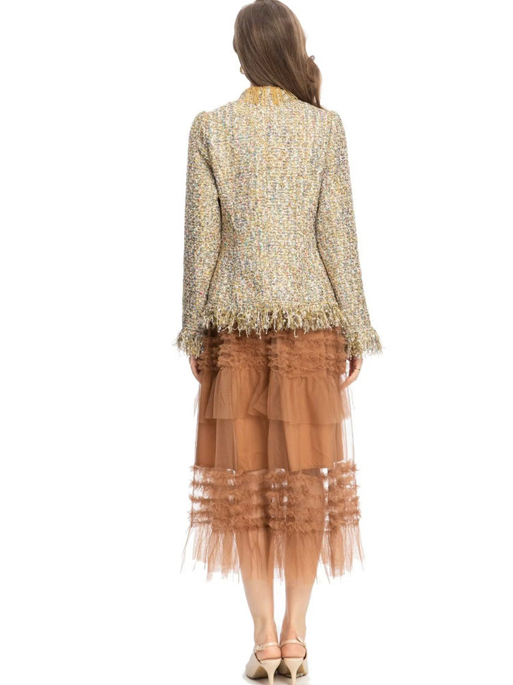 textured tweed suit with tulle midi skirt - AMIQTA