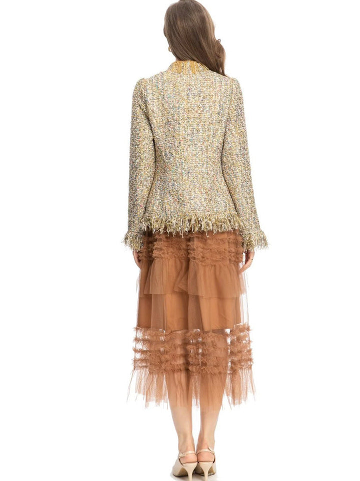 textured tweed suit with tulle midi skirt - AMIQTA