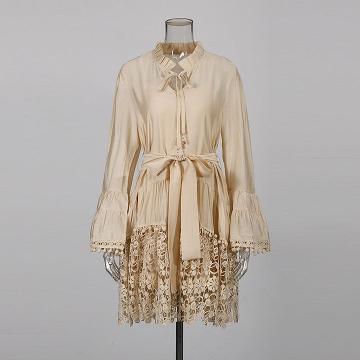 lace hem belted mini dress with ruffle neckline – SANDRÉ