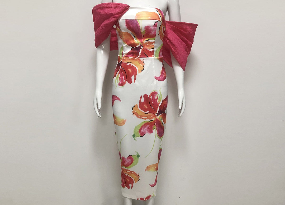 Floral Off-Shoulder Midi Dress with Statement Bow Sleeves-SIFAN