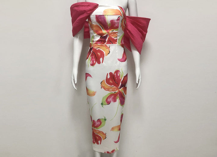 Floral Off-Shoulder Midi Dress with Statement Bow Sleeves-SIFAN