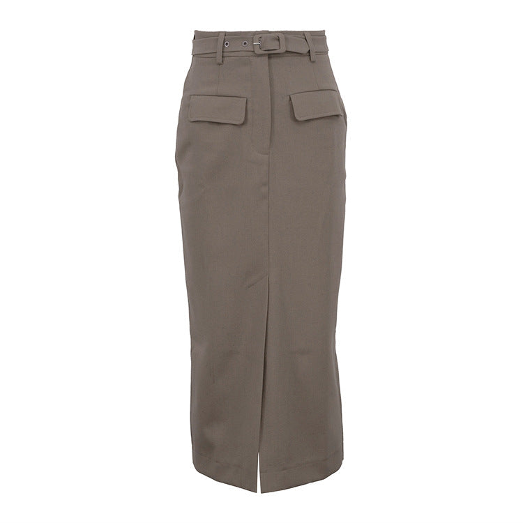 Taupe Belted Midi Pencil Skirt with Front Slit – AVERA