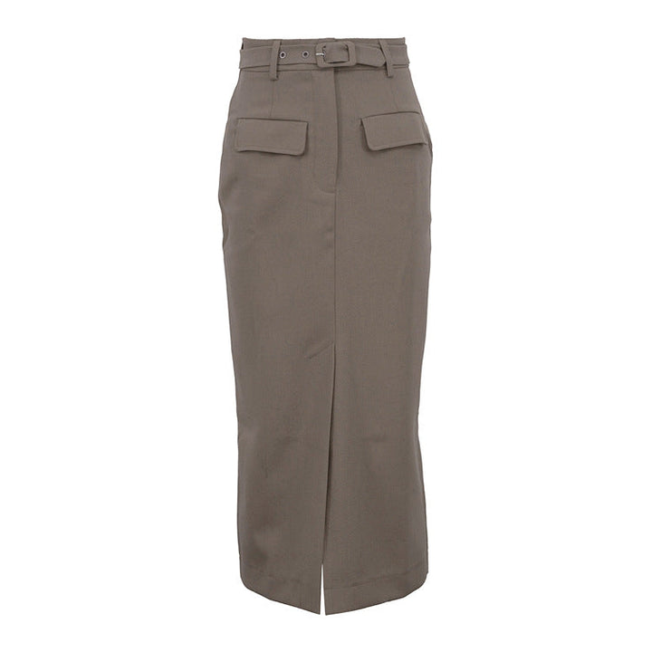 Taupe Belted Midi Pencil Skirt with Front Slit – AVERA