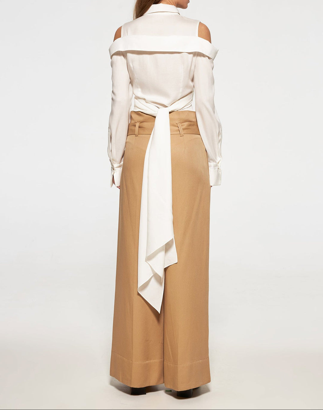 Off-Shoulder Buttoned Shirt with Waist Tie - ODD- Burti