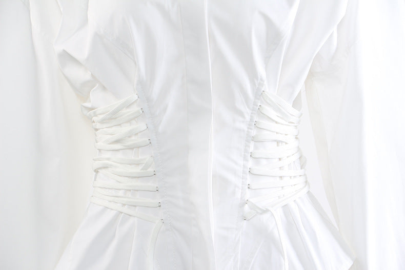 Corset-waist shirt dress with curved hem – BLANC