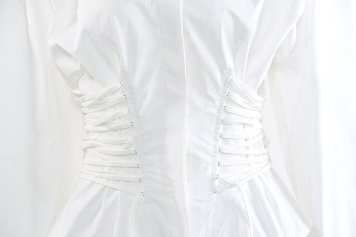 Corset-waist shirt dress with curved hem – BLANC