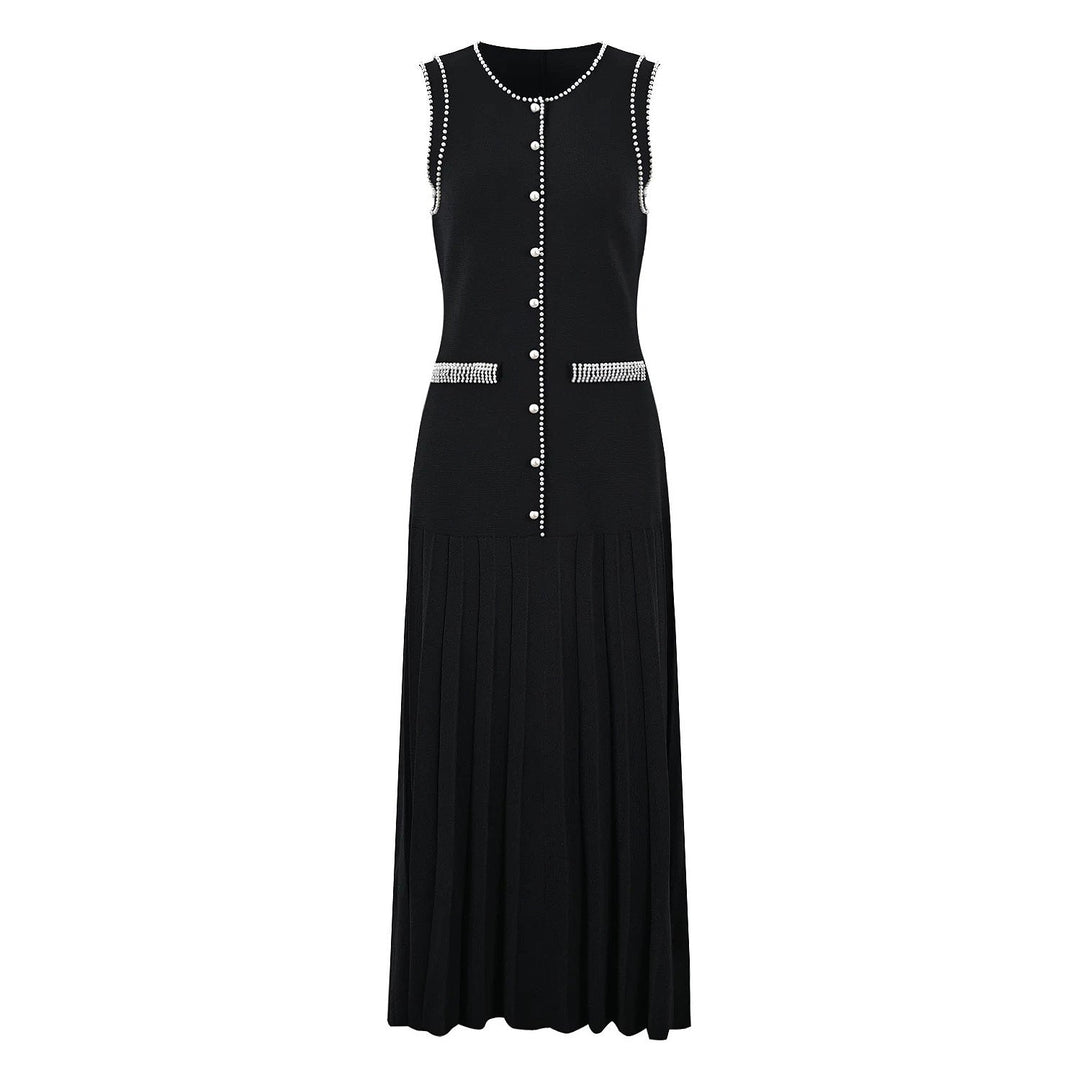 sleeveless pleated knit dress with pearl buttons – CELINEXI
