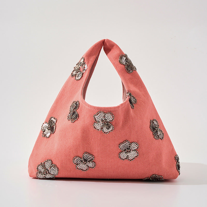 Sequin Flower Hobo Bag - Blush