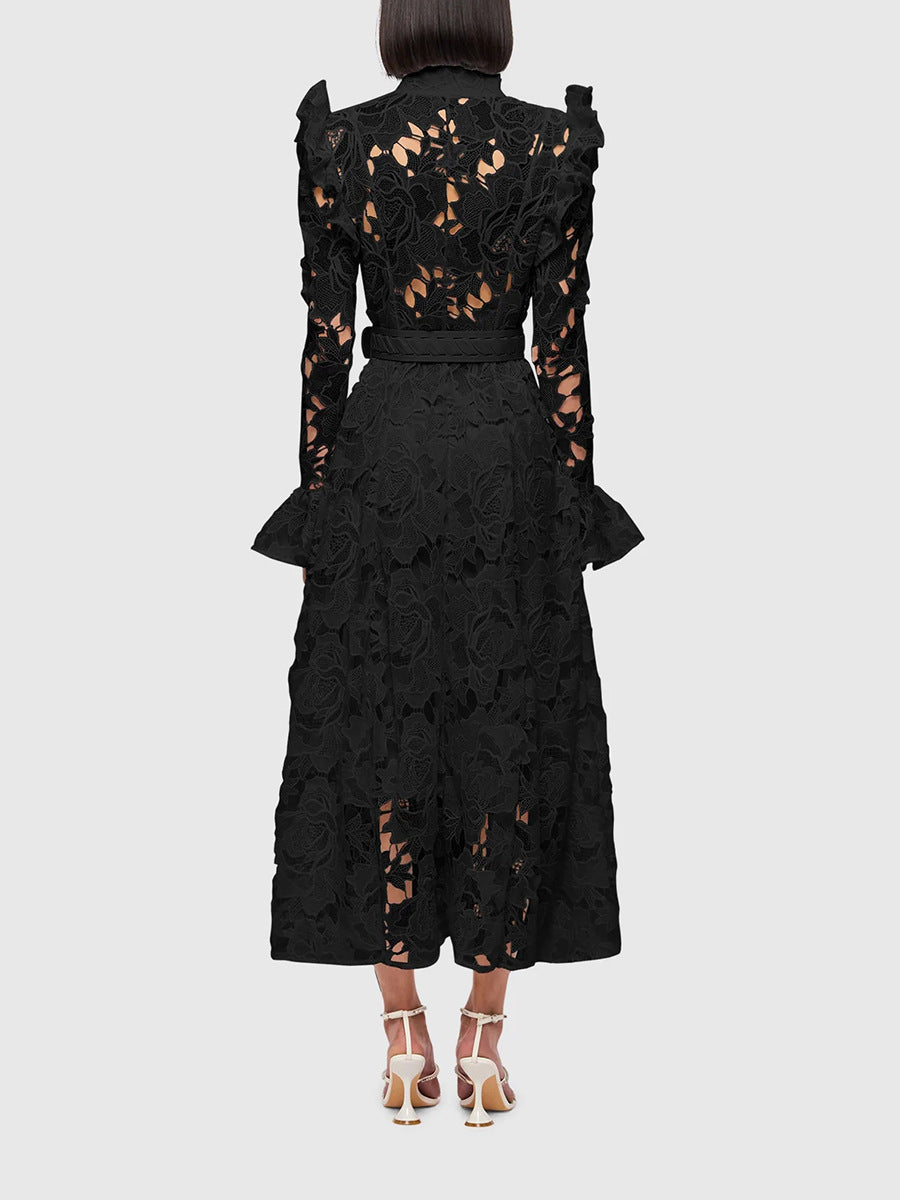 ODD- long-sleeve lace midi dress with belt – Tesoro