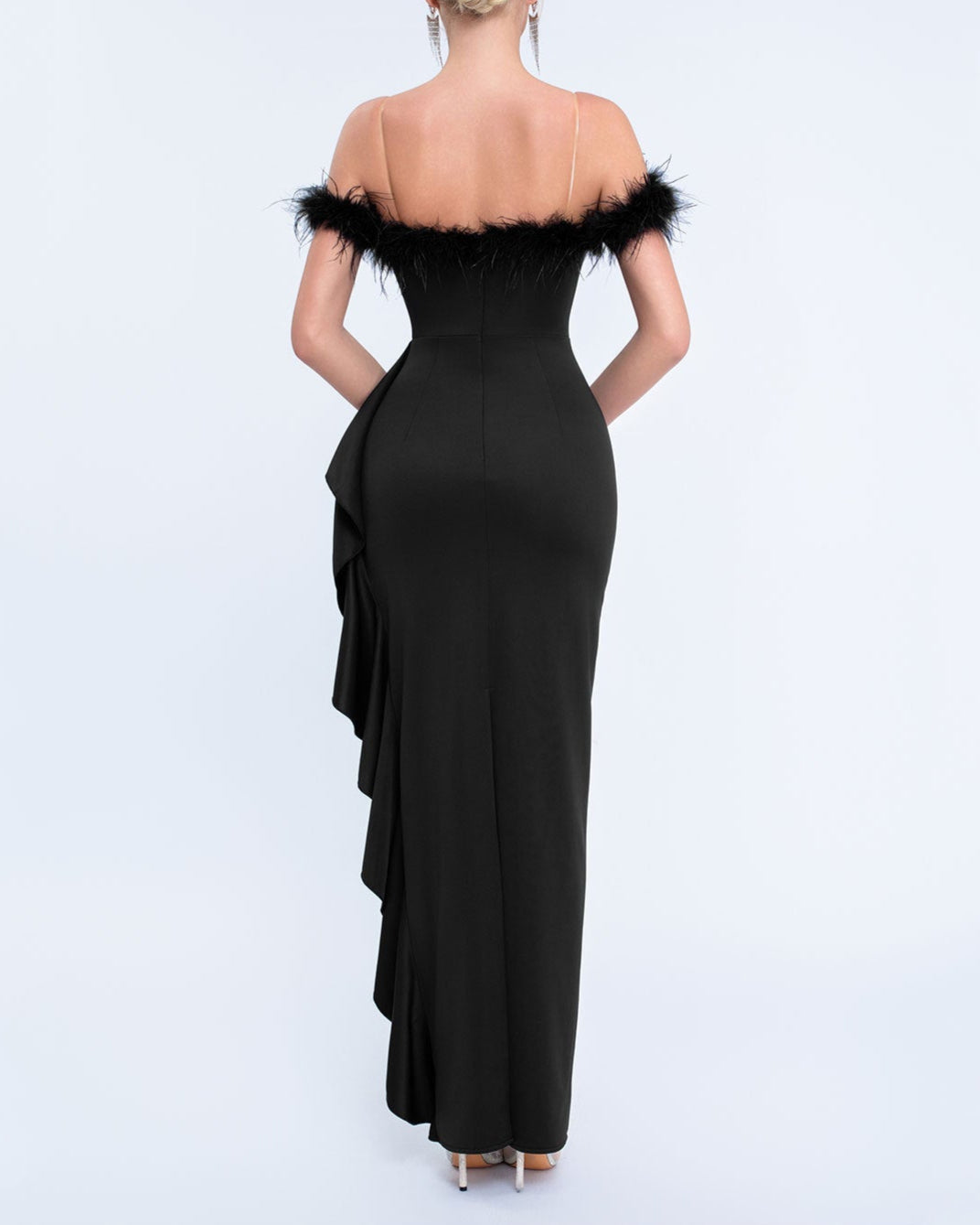 off-shoulder gown with feather trim and cascading ruffle – NOIRILU