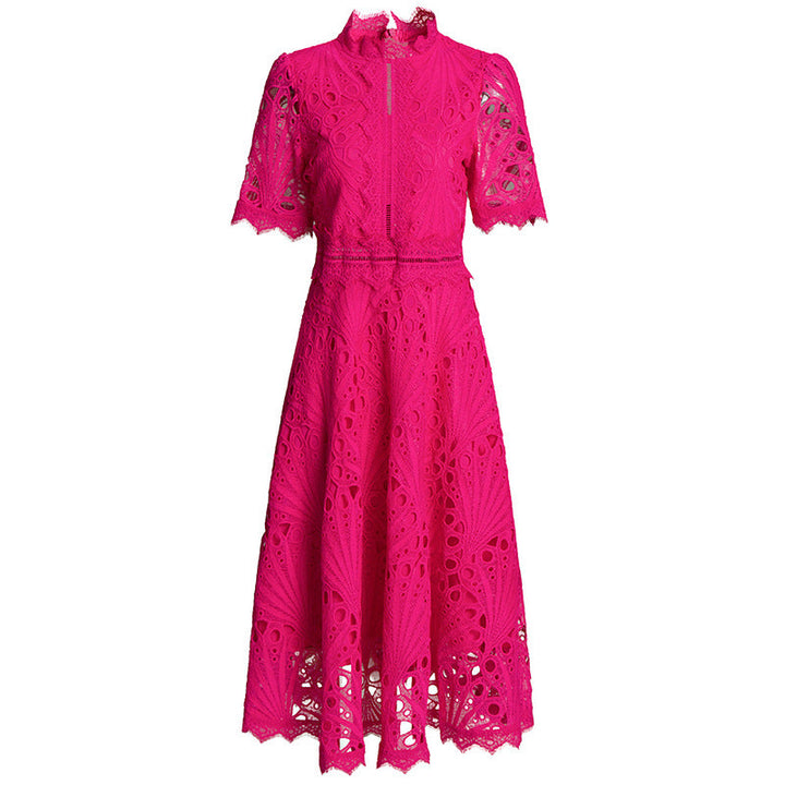 high-neck lace midi dress with short sleeves – EMERALD