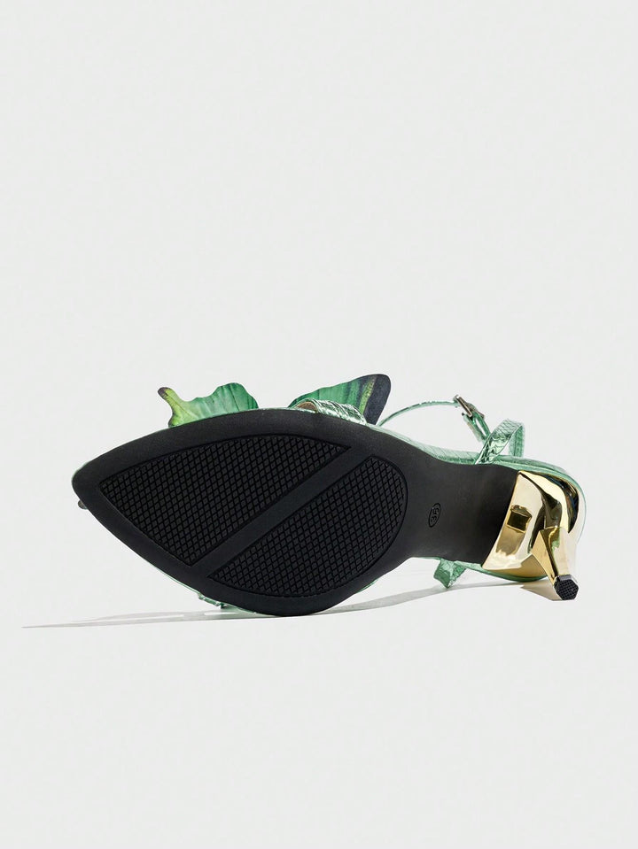 green snake-print sandals with 3D butterfly appliqué – MARIPOSA