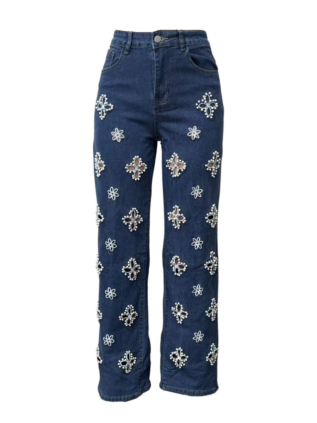 Pearl Embellished Floral Cutout Jeans - Glam