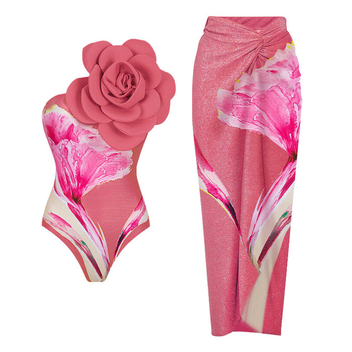 one-shoulder 3D flower swimsuit with ruched wrap skirt set – FARHA