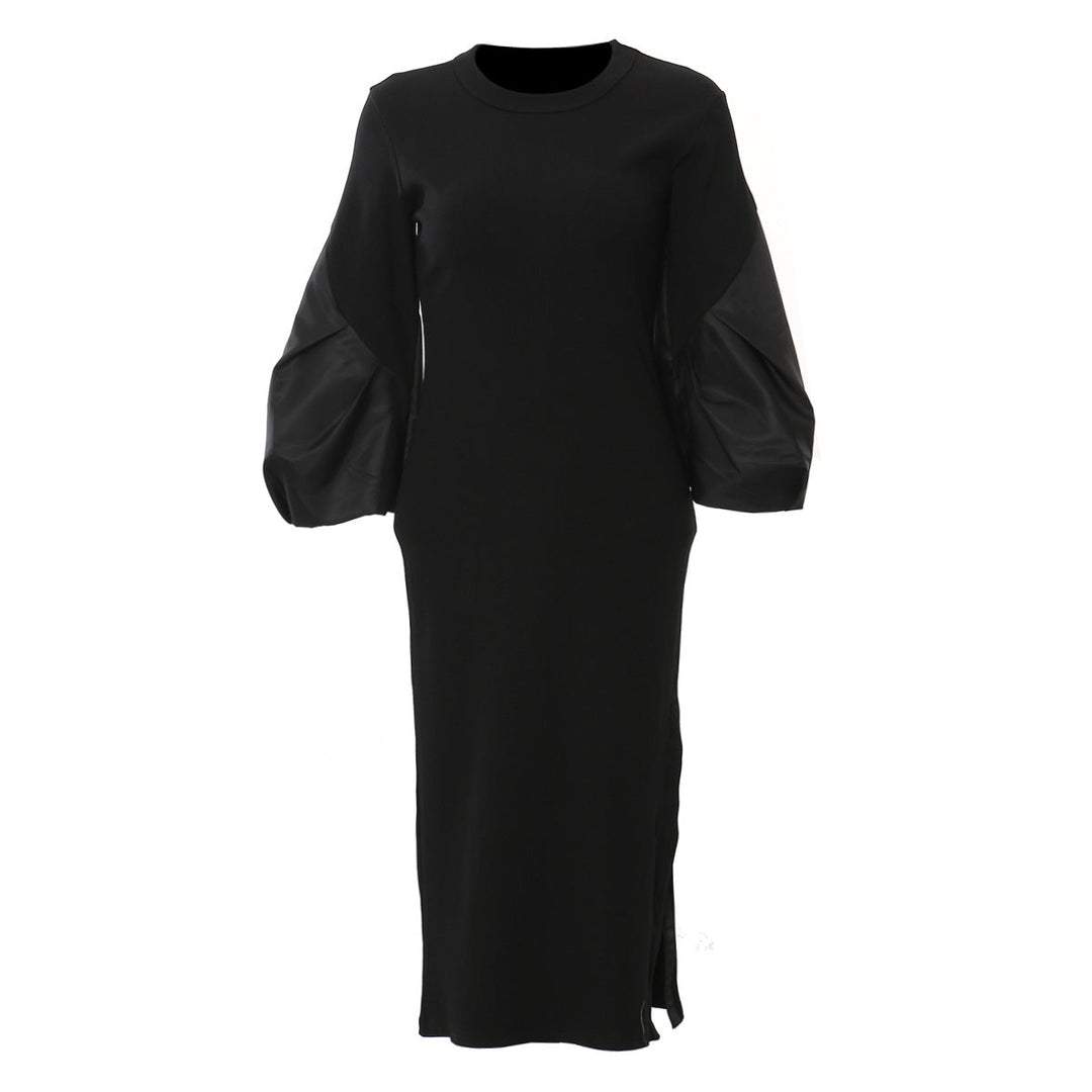 Long-sleeve bodycon midi dress with contrast puff sleeves – MOCHAIR