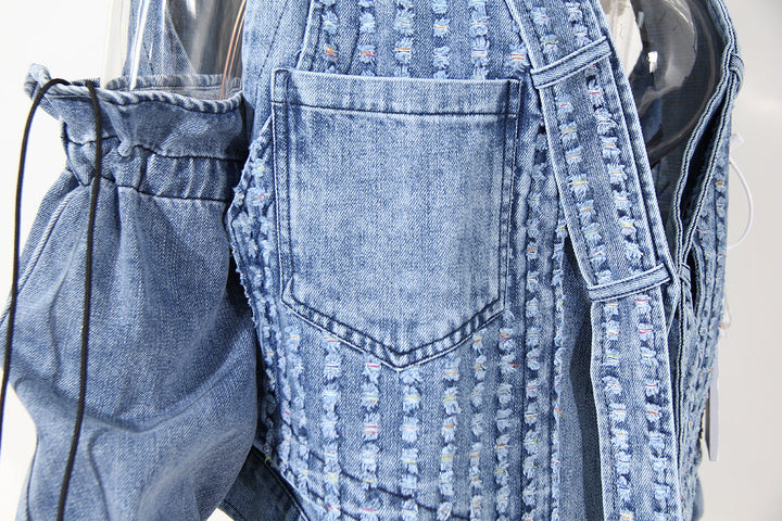 cold-shoulder embellished denim jacket with gathered sleeves – Klaew Kla