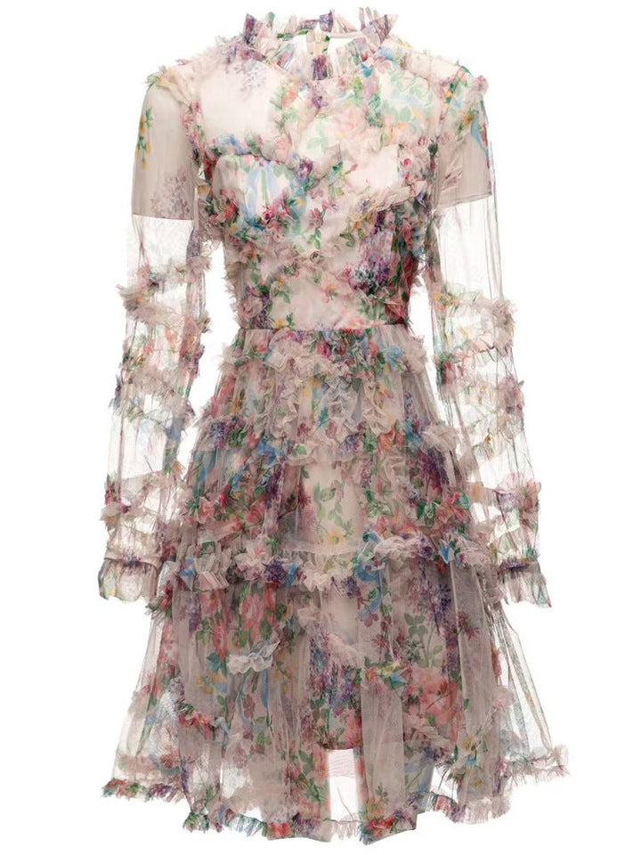 floral ruffle mini dress with sheer long sleeves – WHISPER